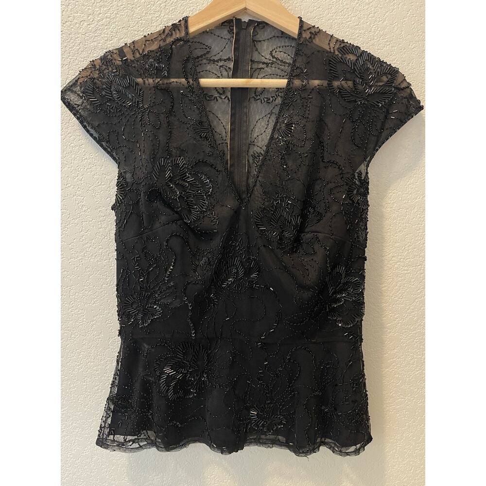 Tadashi Collection V Neck Sheer Beaded Black Mesh Top Evening Formal Size 6